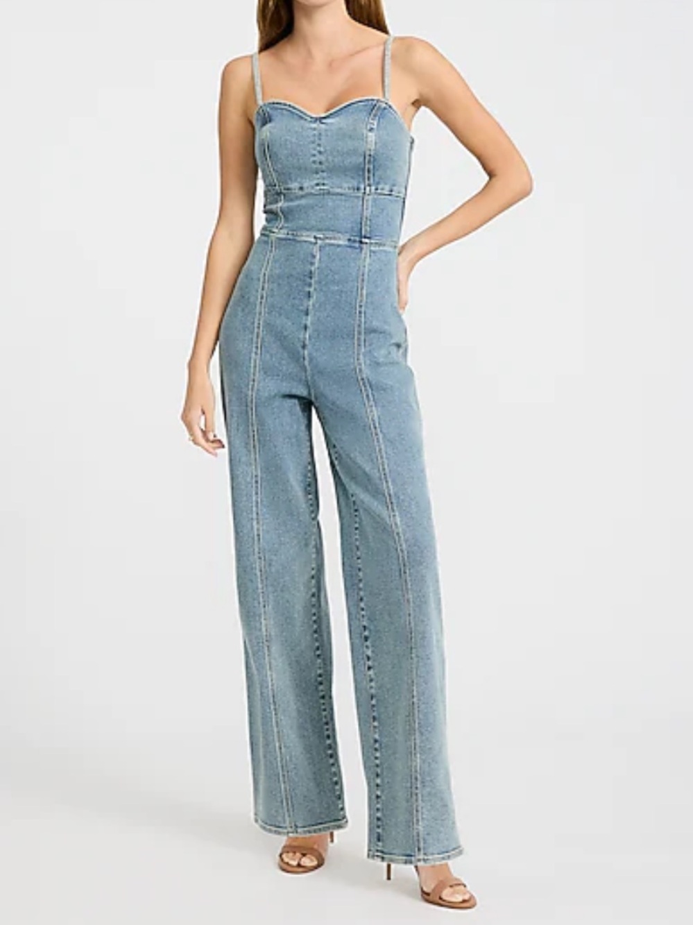 Express light wash stretch denim cut out sweetheart corset jumpsuit size XS